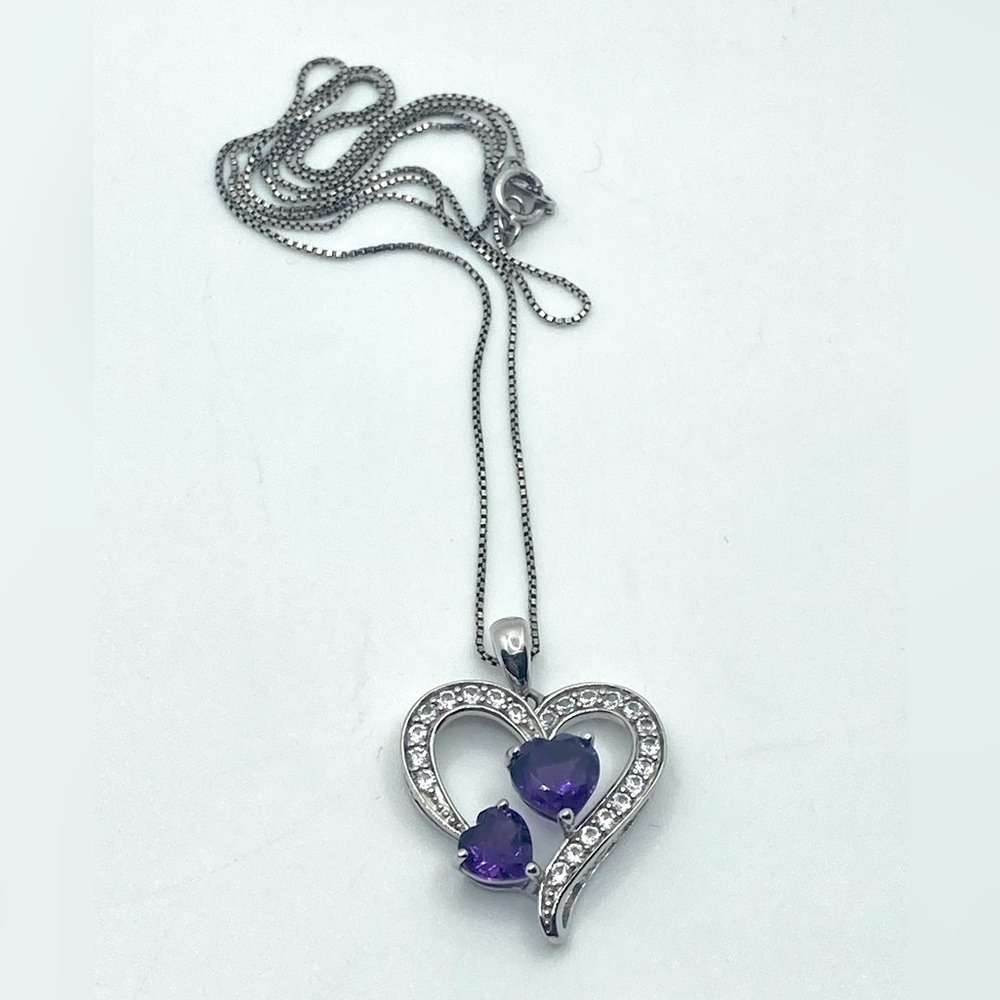 𝅺vtg Diamond Amethyst Sterling Silver 925 Heart Pendant & Twisted Box Chain 21”